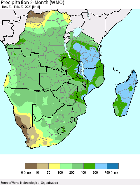 Southern Africa Precipitation 2-Month (WMO) Thematic Map For 12/21/2023 - 2/20/2024