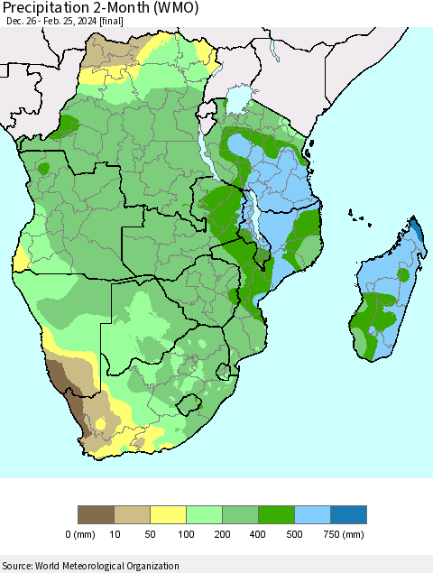 Southern Africa Precipitation 2-Month (WMO) Thematic Map For 12/26/2023 - 2/25/2024