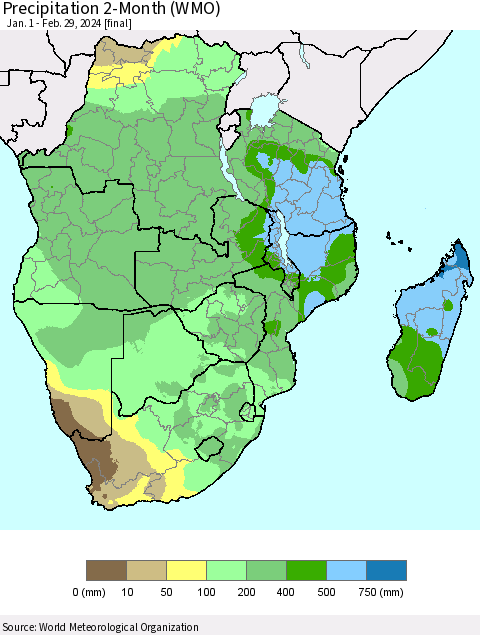 Southern Africa Precipitation 2-Month (WMO) Thematic Map For 1/1/2024 - 2/29/2024