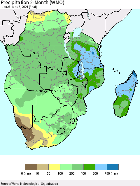 Southern Africa Precipitation 2-Month (WMO) Thematic Map For 1/6/2024 - 3/5/2024