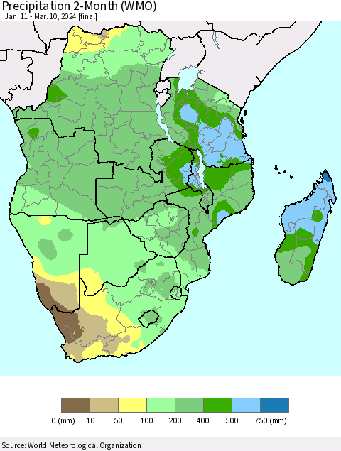 Southern Africa Precipitation 2-Month (WMO) Thematic Map For 1/11/2024 - 3/10/2024
