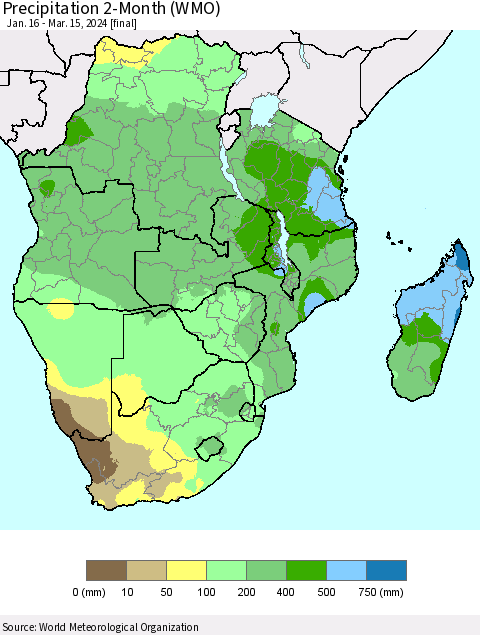 Southern Africa Precipitation 2-Month (WMO) Thematic Map For 1/16/2024 - 3/15/2024