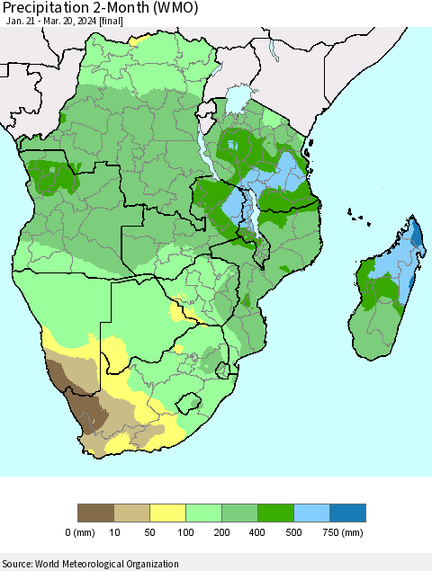 Southern Africa Precipitation 2-Month (WMO) Thematic Map For 1/21/2024 - 3/20/2024