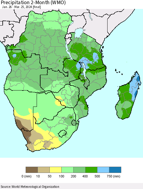 Southern Africa Precipitation 2-Month (WMO) Thematic Map For 1/26/2024 - 3/25/2024