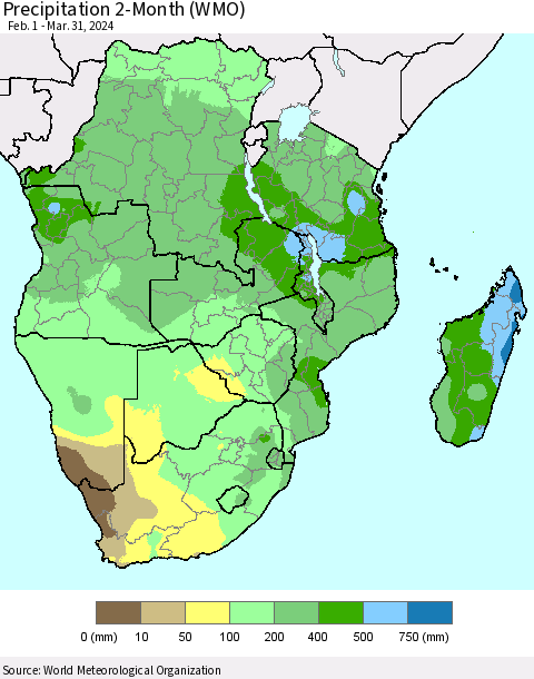 Southern Africa Precipitation 2-Month (WMO) Thematic Map For 2/1/2024 - 3/31/2024