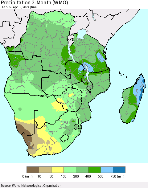 Southern Africa Precipitation 2-Month (WMO) Thematic Map For 2/6/2024 - 4/5/2024