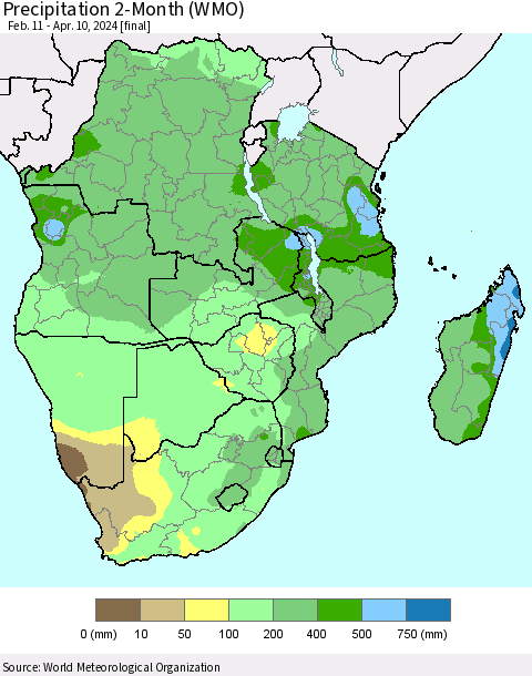 Southern Africa Precipitation 2-Month (WMO) Thematic Map For 2/11/2024 - 4/10/2024