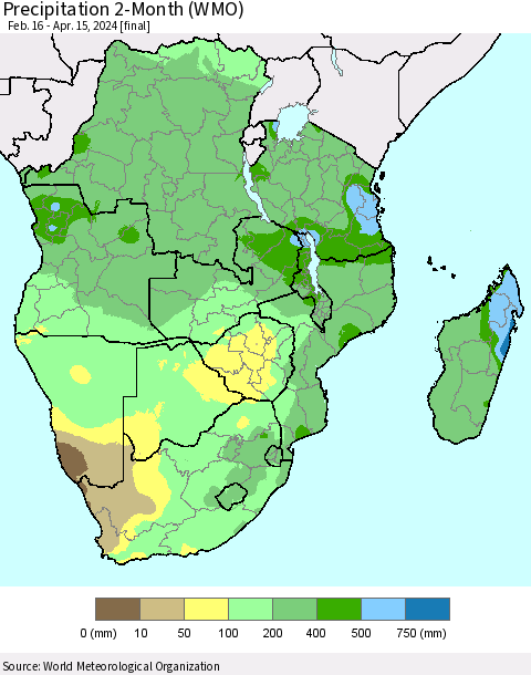 Southern Africa Precipitation 2-Month (WMO) Thematic Map For 2/16/2024 - 4/15/2024
