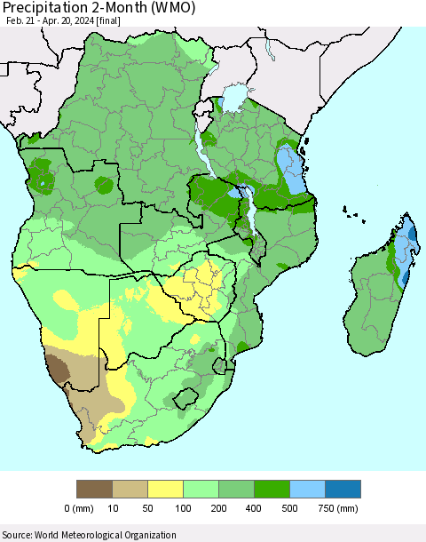 Southern Africa Precipitation 2-Month (WMO) Thematic Map For 2/21/2024 - 4/20/2024