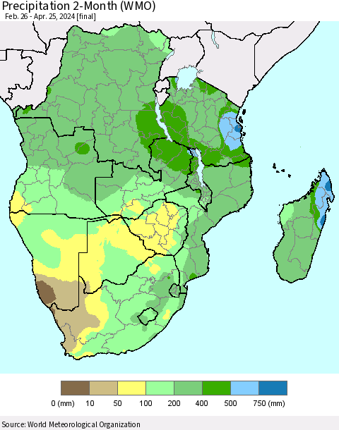 Southern Africa Precipitation 2-Month (WMO) Thematic Map For 2/26/2024 - 4/25/2024