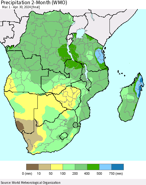 Southern Africa Precipitation 2-Month (WMO) Thematic Map For 3/1/2024 - 4/30/2024