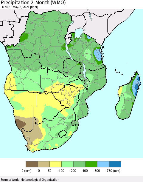 Southern Africa Precipitation 2-Month (WMO) Thematic Map For 3/6/2024 - 5/5/2024