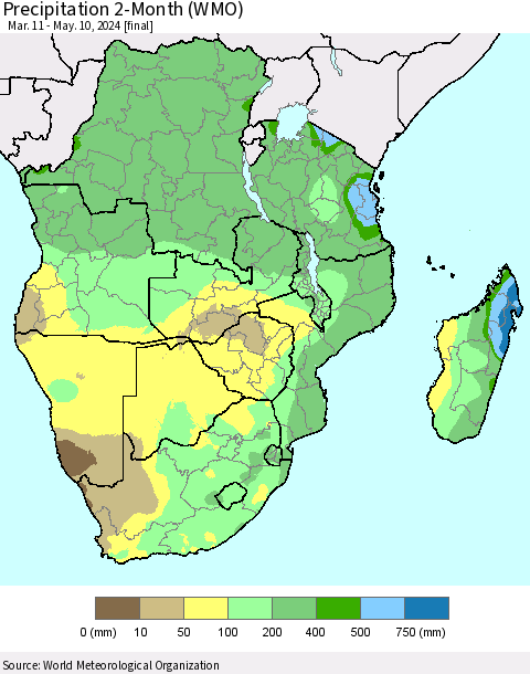 Southern Africa Precipitation 2-Month (WMO) Thematic Map For 3/11/2024 - 5/10/2024
