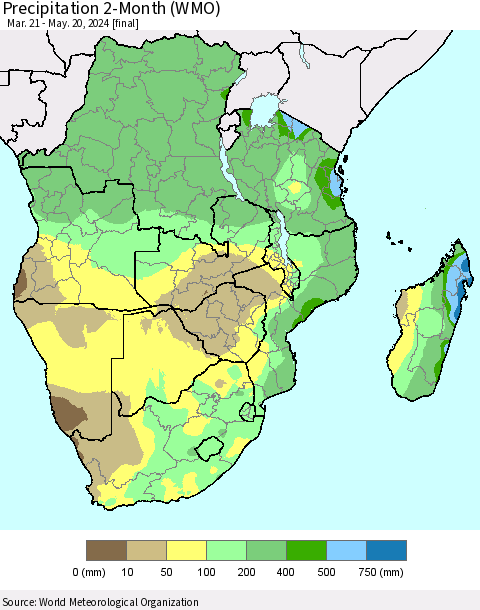 Southern Africa Precipitation 2-Month (WMO) Thematic Map For 3/21/2024 - 5/20/2024