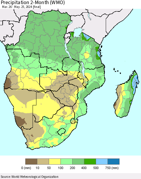 Southern Africa Precipitation 2-Month (WMO) Thematic Map For 3/26/2024 - 5/25/2024