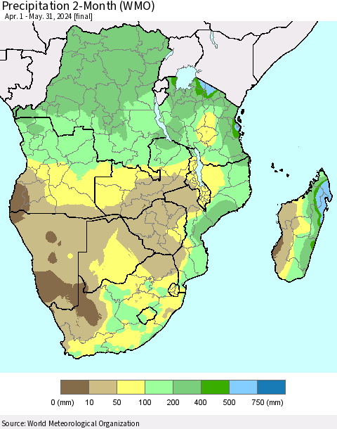 Southern Africa Precipitation 2-Month (WMO) Thematic Map For 4/1/2024 - 5/31/2024