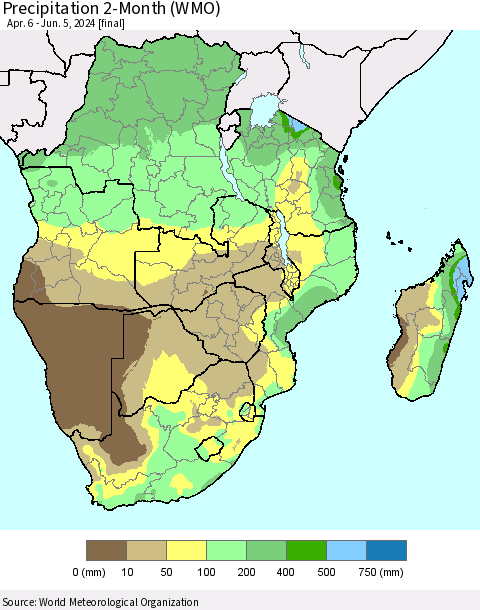Southern Africa Precipitation 2-Month (WMO) Thematic Map For 4/6/2024 - 6/5/2024