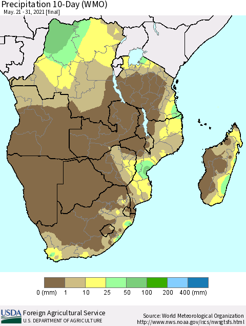Southern Africa Precipitation 10-Day (WMO) Thematic Map For 5/21/2021 - 5/31/2021
