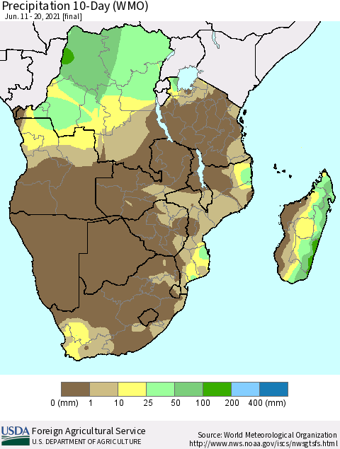 Southern Africa Precipitation 10-Day (WMO) Thematic Map For 6/11/2021 - 6/20/2021