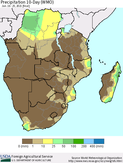 Southern Africa Precipitation 10-Day (WMO) Thematic Map For 6/16/2021 - 6/25/2021