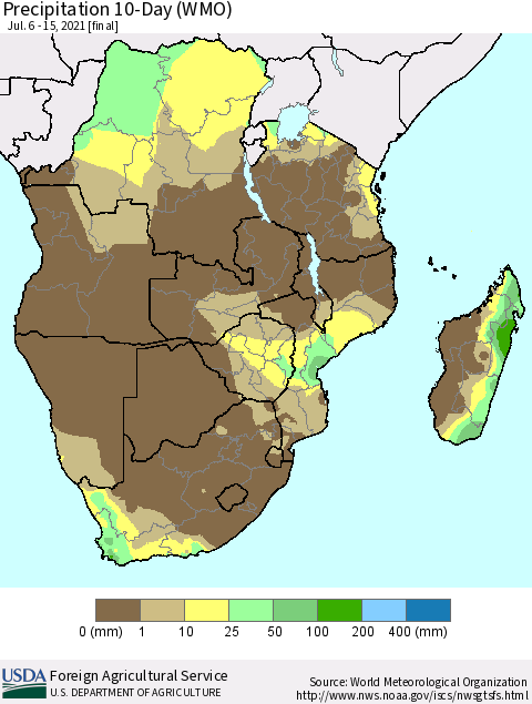 Southern Africa Precipitation 10-Day (WMO) Thematic Map For 7/6/2021 - 7/15/2021