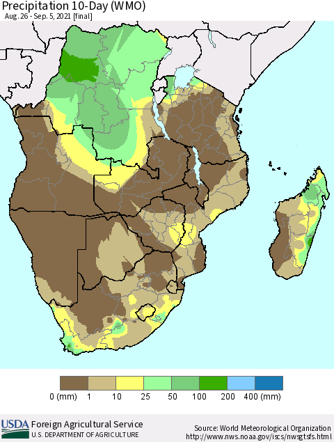 Southern Africa Precipitation 10-Day (WMO) Thematic Map For 8/26/2021 - 9/5/2021