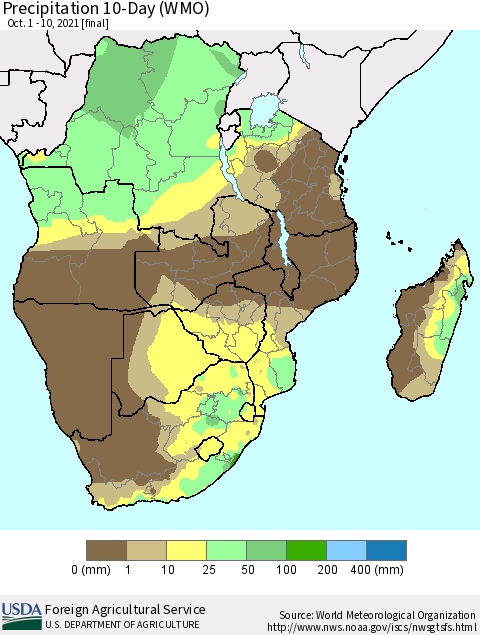 Southern Africa Precipitation 10-Day (WMO) Thematic Map For 10/1/2021 - 10/10/2021