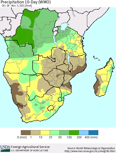 Southern Africa Precipitation 10-Day (WMO) Thematic Map For 10/26/2021 - 11/5/2021