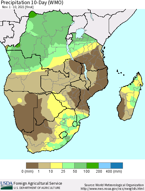 Southern Africa Precipitation 10-Day (WMO) Thematic Map For 11/1/2021 - 11/10/2021