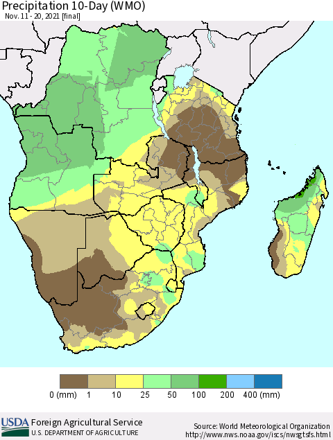 Southern Africa Precipitation 10-Day (WMO) Thematic Map For 11/11/2021 - 11/20/2021