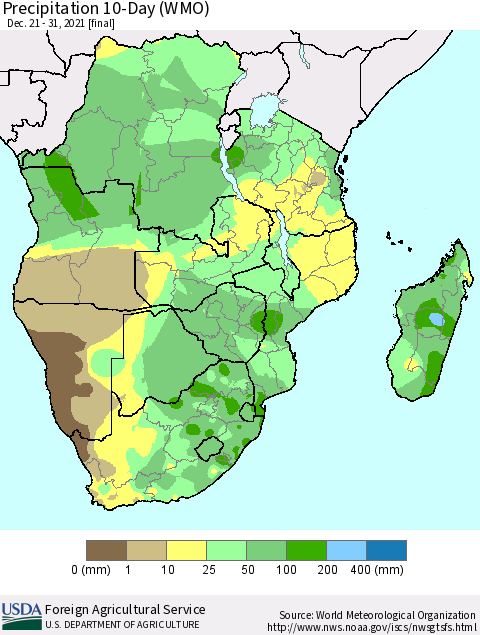 Southern Africa Precipitation 10-Day (WMO) Thematic Map For 12/21/2021 - 12/31/2021