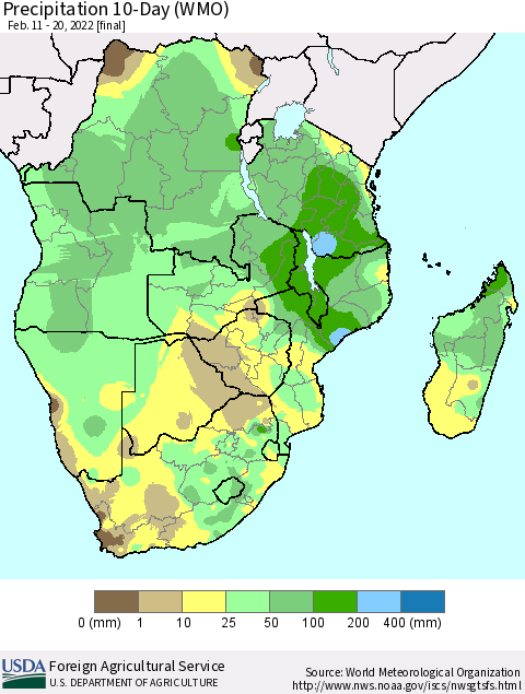 Southern Africa Precipitation 10-Day (WMO) Thematic Map For 2/11/2022 - 2/20/2022
