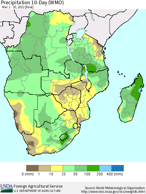 Southern Africa Precipitation 10-Day (WMO) Thematic Map For 3/1/2022 - 3/10/2022