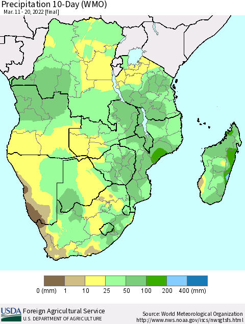 Southern Africa Precipitation 10-Day (WMO) Thematic Map For 3/11/2022 - 3/20/2022