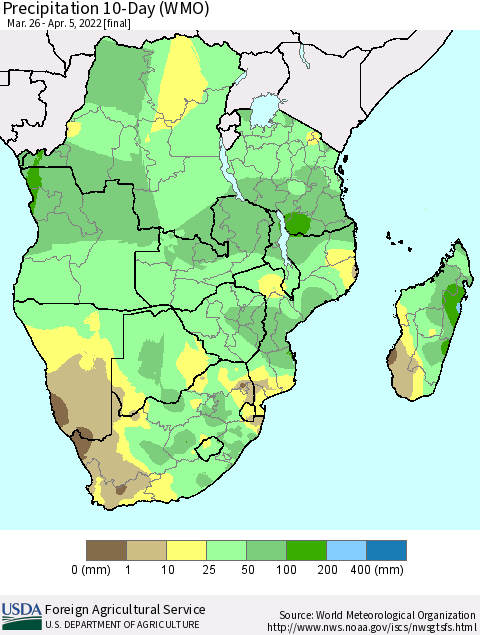 Southern Africa Precipitation 10-Day (WMO) Thematic Map For 3/26/2022 - 4/5/2022