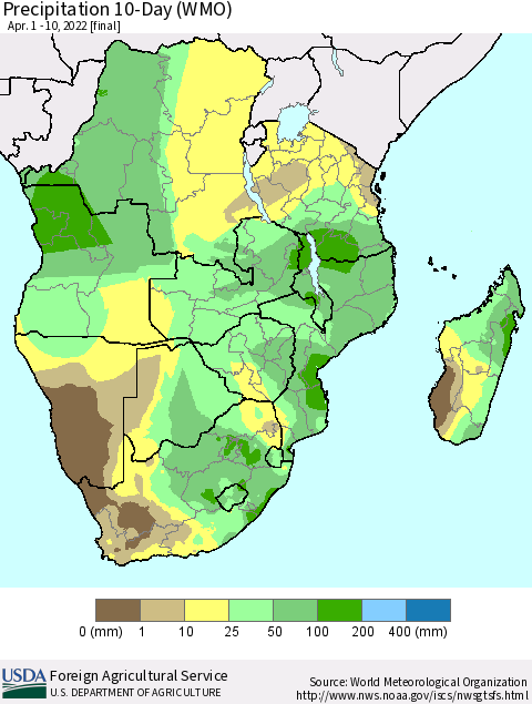 Southern Africa Precipitation 10-Day (WMO) Thematic Map For 4/1/2022 - 4/10/2022