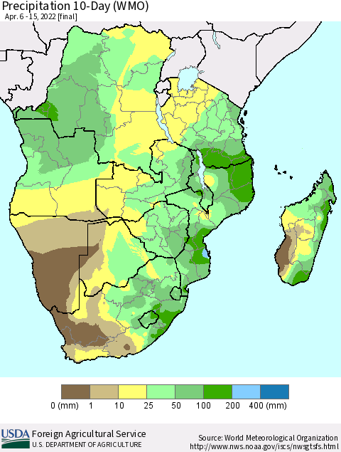 Southern Africa Precipitation 10-Day (WMO) Thematic Map For 4/6/2022 - 4/15/2022