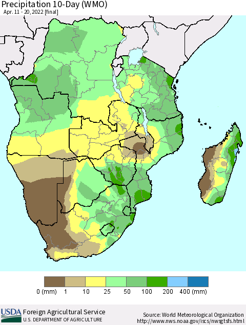 Southern Africa Precipitation 10-Day (WMO) Thematic Map For 4/11/2022 - 4/20/2022