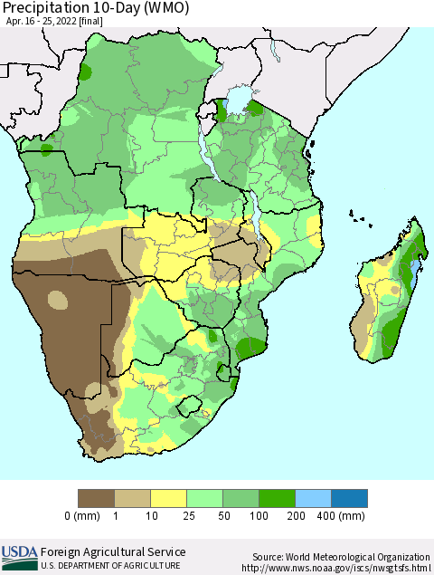 Southern Africa Precipitation 10-Day (WMO) Thematic Map For 4/16/2022 - 4/25/2022