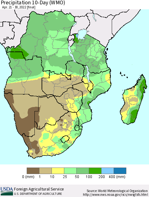 Southern Africa Precipitation 10-Day (WMO) Thematic Map For 4/21/2022 - 4/30/2022