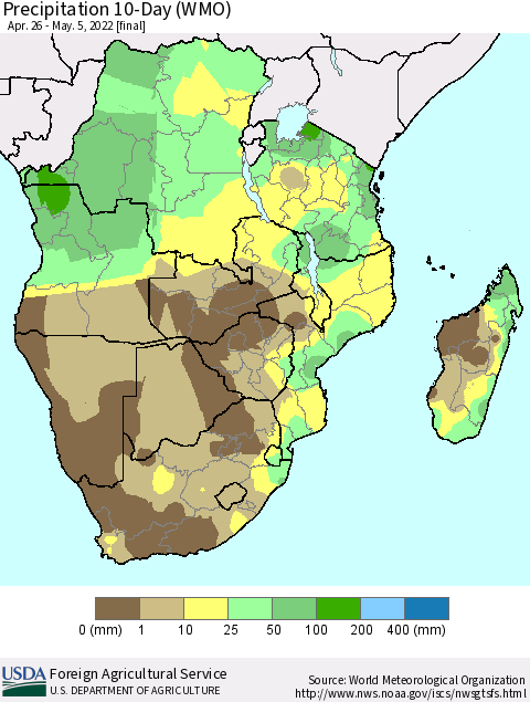 Southern Africa Precipitation 10-Day (WMO) Thematic Map For 4/26/2022 - 5/5/2022