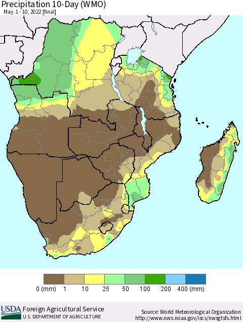 Southern Africa Precipitation 10-Day (WMO) Thematic Map For 5/1/2022 - 5/10/2022