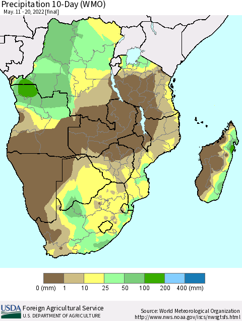 Southern Africa Precipitation 10-Day (WMO) Thematic Map For 5/11/2022 - 5/20/2022
