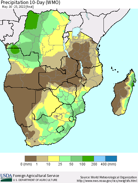 Southern Africa Precipitation 10-Day (WMO) Thematic Map For 5/16/2022 - 5/25/2022