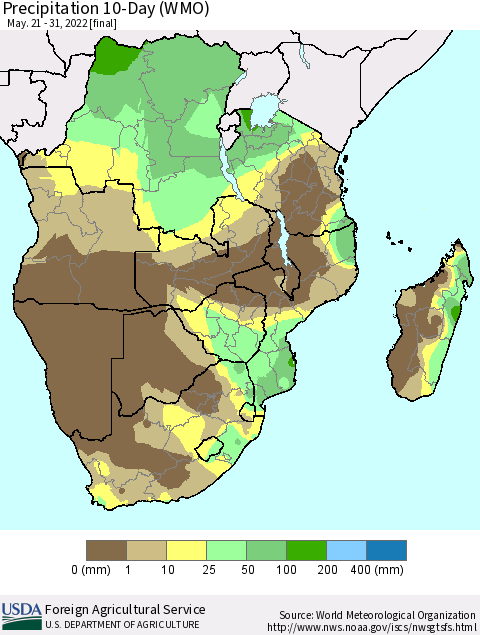 Southern Africa Precipitation 10-Day (WMO) Thematic Map For 5/21/2022 - 5/31/2022