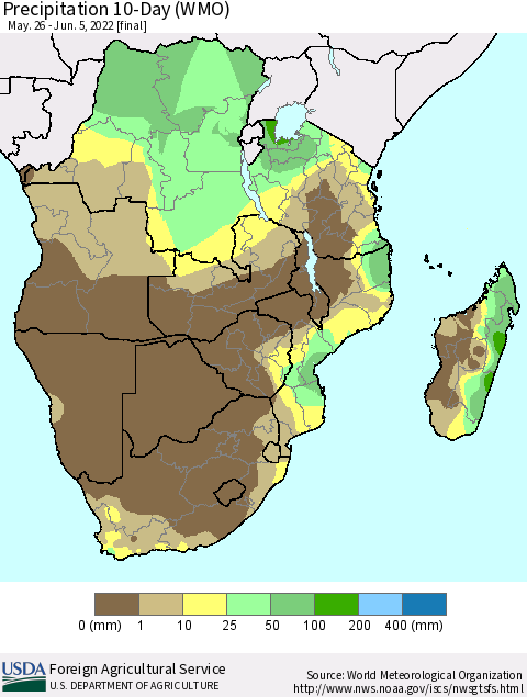 Southern Africa Precipitation 10-Day (WMO) Thematic Map For 5/26/2022 - 6/5/2022