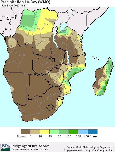 Southern Africa Precipitation 10-Day (WMO) Thematic Map For 6/1/2022 - 6/10/2022