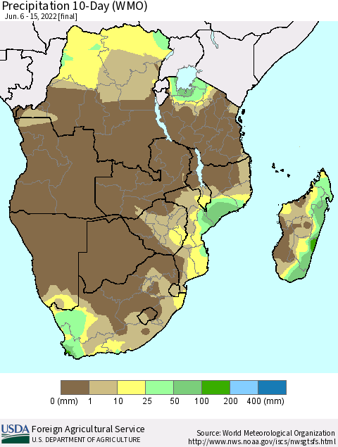 Southern Africa Precipitation 10-Day (WMO) Thematic Map For 6/6/2022 - 6/15/2022