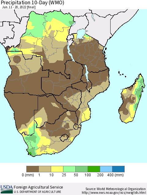 Southern Africa Precipitation 10-Day (WMO) Thematic Map For 6/11/2022 - 6/20/2022
