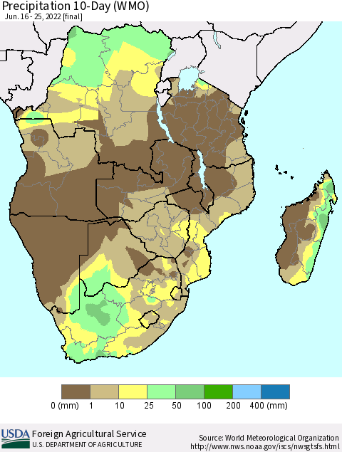 Southern Africa Precipitation 10-Day (WMO) Thematic Map For 6/16/2022 - 6/25/2022